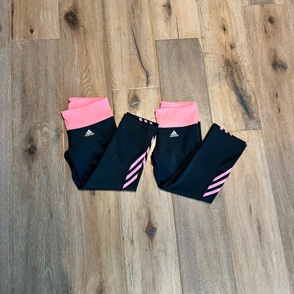 Adidas Leggings Dark Gray with Pink Trim TWO Pairs Size S
